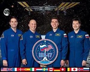 v. l. n. r. Greg Chamitoff, Garrett Reisman, Sergei Wolkow, Oleg Kononenko