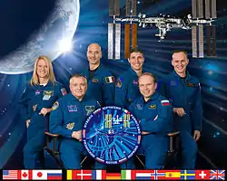 v. l. n. r.: Karen Nyberg, Fjodor Jurtschichin, Luca Parmitano, Michael Hopkins, Oleg Kotow und Sergei Rjazanski