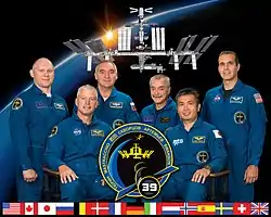 v. l. n. r. Oleg Artemjew, Steven Swanson, Alexander Skworzow, Michail Tjurin, Kōichi Wakata und Richard Mastracchio
