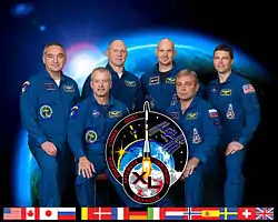 v. l. n. r.: Alexander Skworzow, Steven Swanson, Oleg Artemjew, Alexander Gerst, Maxim Surajew und Reid Wiseman