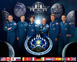 v. l. n. r.: Kjell Lindgren, Oleg Kononenko, Kimiya Yui, Scott Kelly, Gennadi Padalka und Michail Kornijenko