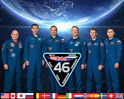 v. l. n. r.: Scott Kelly, Sergei Wolkow, Michail Kornijenko, Timothy Kopra, Timothy Peake und Juri Malentschenko