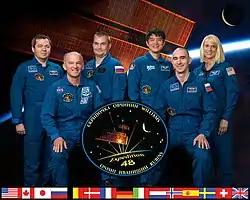 v. l. n. r.: Oleg Skripotschka, Jeffrey Williams, Alexei Owtschinin, Takuya Ōnishi, Anatoli Iwanischin und Kathleen Rubins