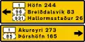 Vorausliegende Zielorte mit Entfernungen in Kilometer und Straßennummern (außerhalb der Hauptstadt)