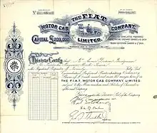 Aktie der F.I.A.T. Motor Cab Company, ausgestellt am 18. Dezember 1907, einer Fiat-Tochtergesellschaft, gegründet am 9. Oktober 1906 in London