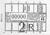 Teilstreckenfahrschein über 15&nbsp;Pfennig für eine Linie im Anschlussbetrieb zwischen Spandauer Bock und Dönhoffplatz