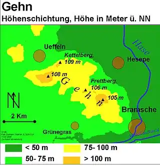 Die höchsten Gipfel des Gehns sind über 100 m hoch