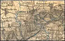Kreis Lübbecke. Kartenausschnitt (1844). Kniebrink auf dem Gebiet des damaligen Lübbecke. (Gemeindegrenzen blau). Einstige Stadtgrenze bis zum Waldrand gegen Oberbauerschaft.