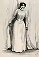 H M Pagets Schwägerin Florence Farr als Rebecca in Henrik Ibsens Stück Rosmersholm:  Illustration gezeichnet mit "HMP".