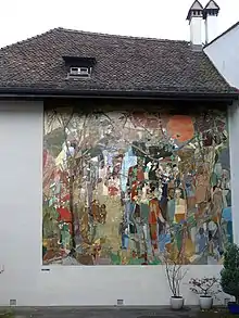 Kunstkredit Basel-Stadt. 1. Preis für das Fassadenbild, Rückwand des Sigristenhauses im Hof des Humanistischen Gymnasiums, Basel. 1946–1953, Le Chant de l’Occident von Ernst Stocker, Coghuf (1905–1976)