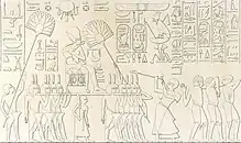 König Haremhab in einer Prozession nach dem Sieg über die Nubier, die Bewohner von Kusch (Richard Lepsius, 1849)