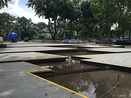 Flächen mit Kantenlängen im  Verhältnis derFibonacci-Zahlen zwischen Wasserbecken, Science Centre Singapore