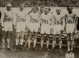 Das finnische Team (v.&nbsp;l.&nbsp;n.&nbsp;r.): Eino Rastas (14.), Martti Marttelin (3.) Ilmari Kuokka (24.), Verner Laaksonen (12.), Yrjö Korholin-Koski (7.) Väinö&nbsp;Sipilä&nbsp;(15.)