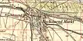 Fischamend um 1937, eingezeichnet: Die bereits lange aufgelassenen Bahnstationen Fischamend-Dorf, Reichsstraße und „Schwarze Bahn“.