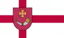 Flagge der Hafenstadt Ventspils im Westen Lettlands mit dem Stadtwappen in der Mitte
