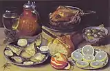 Georg FlegelStillleben mit Braten, Fischmahlzeit, Wein u.&nbsp;a. 1638, Öl auf Kupfer, 29,5 × 46&nbsp;cm, Sammlung Václav Butta
