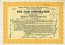 Aktie der Fox Film Corporation, ausgestellt auf und original signiert von William Fox als Präsident aus dem Jahr 1925