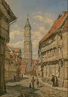 1879, Gemälde von Franz Alt: Blick durch eine Braunschweiger Gasse mit der St. Andreaskirche und der Alten Waage