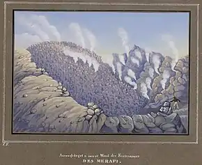 „Der Auswurfskegel und die innere Wand der Kratermauer des Merapi“