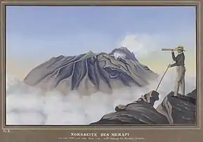 „Die Nordseite des Merapi, aus einer Höhe von 7500 Fuß vom südlichen Abhange des Merbabu gesehen. … Nov. 1836.“ Hier hat Junghuhn sich selbst mit einem Fernglas dargestellt.