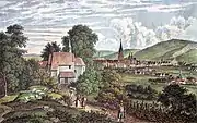 Ansicht von Freiburg mit Lorettokapelle, um 1840, gezeichnet von L. Mayer, Stahlstich von Le Keux