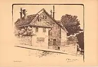 Das «Künstlergütli» mit dem ehemaligen Wohnhaus als «Wirtschaft zum Künstlergütli», erstes «Kunsthaus» von Zürich, aus Malerische Winkel, Zürich 1905