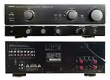 Front und Rückseite eines HiFi-Vollverstärkers einer Stereoanlage, mit Cinch-Anschlüssen für CD, Tuner, Aux, Phono (Plattenspieler) und zwei Aufnahme-/Wiedergabegeräten wie Kassettendecks