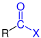 Allgemeine Struktur der Carbonsäurehalogenide mit dem blau markierten Halogencarbonyl-Rest