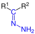 Allgemeine Struktur der Hydrazone mit der blau markierten Hydrazo-Gruppe. R = H oder Organylgruppe