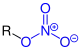 Allgemeine Struktur des Salpetersäureesters mit der blaumarkierte Salpetersäureester-(Nitrat-)Gruppe