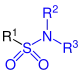 Allgemeine Struktur der Sulfonsäureamide mit dem blau markierten Sulfamoyl-Rest. R = H oder Organylgruppe