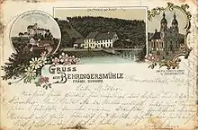 Burg Gößweinstein, Gasthaus Zur Post in Behringersmühle und Basilika Gößweinstein, Postkarte (1895)