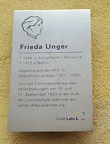 Gedenktafel für Frieda Unger am Rathausplatz 7 in Lahr