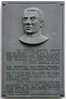 Gedenktafel in Erinnerung an Peter Friedhofen in Koblenz