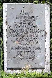Gedenktafel für die 82 Brandopfer in der Gaststätte Karlslust vom 8.&nbsp;Februar 1947