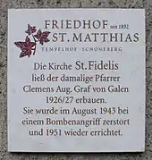 Gedenktafel Kirche St.&nbsp;Fidelis auf dem St.-Matthias-Friedhof