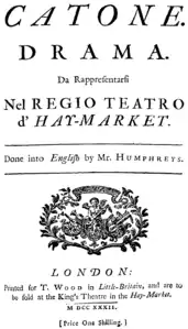 Georg Friedrich Händel – Catone – Titelseite des Librettos – London 1732