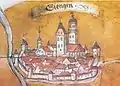 Südlicher damals gotischer Glockenturm (vorne) und nördlicher Bläserturm im Renaissancestil (1585)