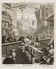Gin Lane (Schnapsgasse) von William Hogarth, Stahlstich um&nbsp;1860 nach dem Original von 1751