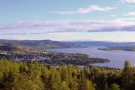 Foto von einer bewaldeten Anhöhe auf eine an einem See gelegene Stadt hinunter
