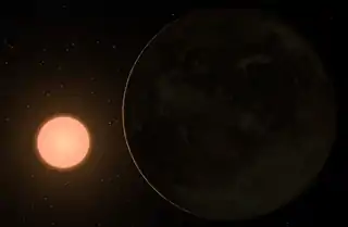 Künstlerische Darstellung von Gliese 433 mit dem Planeten Gliese 433 b im Vordergrund