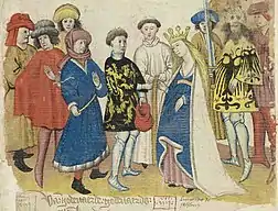 li.: Gertrud von Sulzbach (Grabplatte), Kloster Ebrach-Abteikirchere.:Jan van Boendale: Hochzeit Gottfried II. und Luitgard von Sulzbach