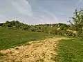 Blick auf Motocross-Strecke mit Zeitnahmeturm, Vereinsheim und Festhalle