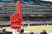 Foto eines roten Schaumstoffhandschuhs auf dem Arm eines Baseballfans im Stadion