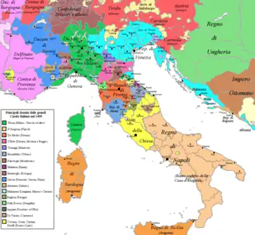 Italien 1499: Das Hochstift (Vesc. di Trento) gehörte mit dem nördlich angrenzenden Tirol zum Österreichischen Reichskreis, nicht zu Reichsitalien. Im Osten, Süden und Westen war es von Territorien der Republik Venedig umgeben