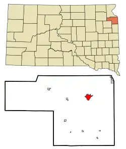 Lage von Milbank im Grant County (unten) und in South Dakota (oben)