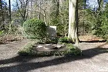 Grab mit hellem, nahezu rechteckigen Grabstein, auf dem die Namen von sieben Personen erkennbar sind. Neben dem Grabstein wächst auf der einen Seite ein rund zugeschnittener Busch, auf der anderen Seite sieht man einen Baumstamm. Das Grab selbst ist nur am Rand grün bepflanzt, in der Mitte sieht man nackte Erde und eine leere Blumenschale.