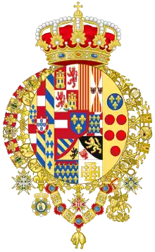 Das Große Wappen der sizilianischen Bourbonen zeigt von heraldisch rechts nach links die Collanen des Orden vom Heiligen Geist (Hausorden der französischen Bourbonen), des Orden des heiligen Ferdinand und des Verdienstes (sizilianischer Verdienstorden), des Januariusordens (Hausorden der sizilianischen Bourbonen), das Goldene Vlies (Ordenszweig der spanischen Bourbonen), des Konstantinordens (geistlicher Ritterorden der sizilianischen Bourbonen) und des Ordens Karls III. (Haus- und Verdienstorden der spanischen Bourbonen).