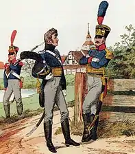 v. l. Mecklenburg-Schweriner Grenadier, Artillerie-Offizier und Strelitzer Infanterie-Offizier