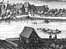 Merian-Stich der Grohnder Fähre mit einer gestakten Wagenfähre und einem Fährboot, 1654